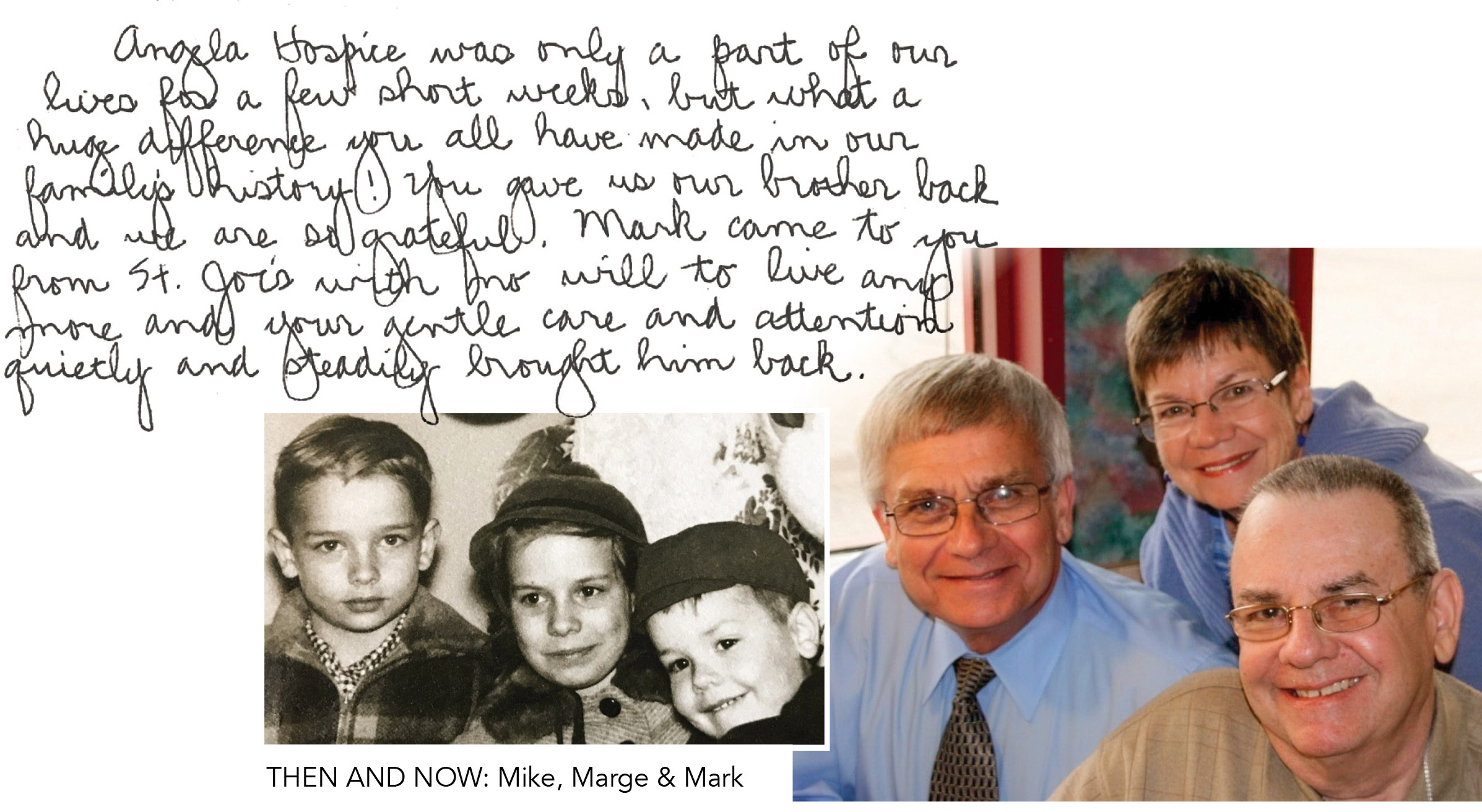 Siblings Mike Kress, Marge Hamilton, and Mark Kress as children and now as adults.