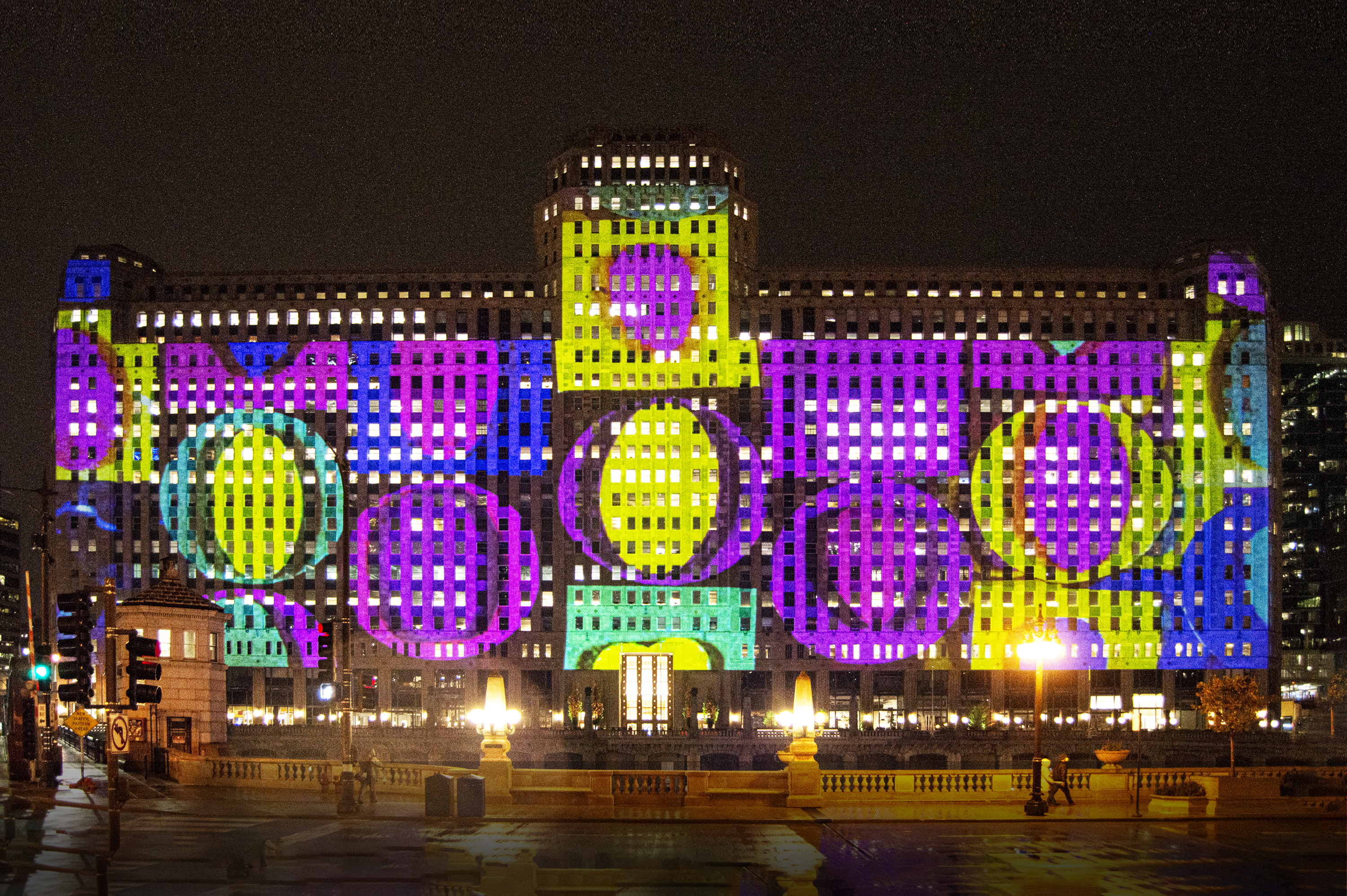 Arts of Life's City Circle Heart projection during the 2020 Art on theMART