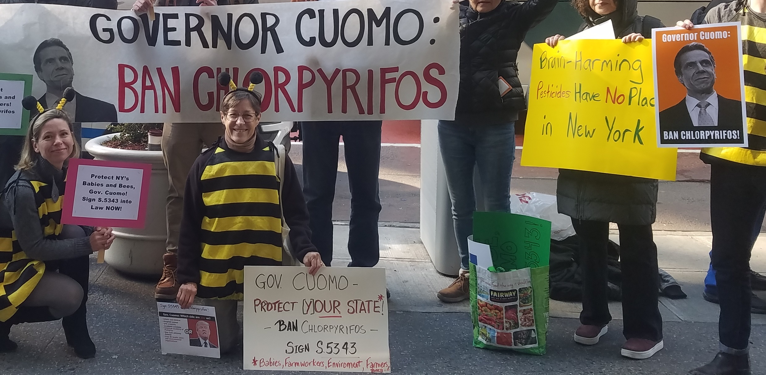 Participants of the New York Cuomo Chlorpyrifos rally pose with signs during the event.
