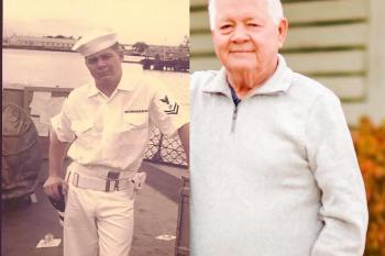 Steve Huenemeier during his time in the Navy (left) and now (right)