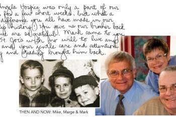Siblings Mike Kress, Marge Hamilton, and Mark Kress as children and now as adults.